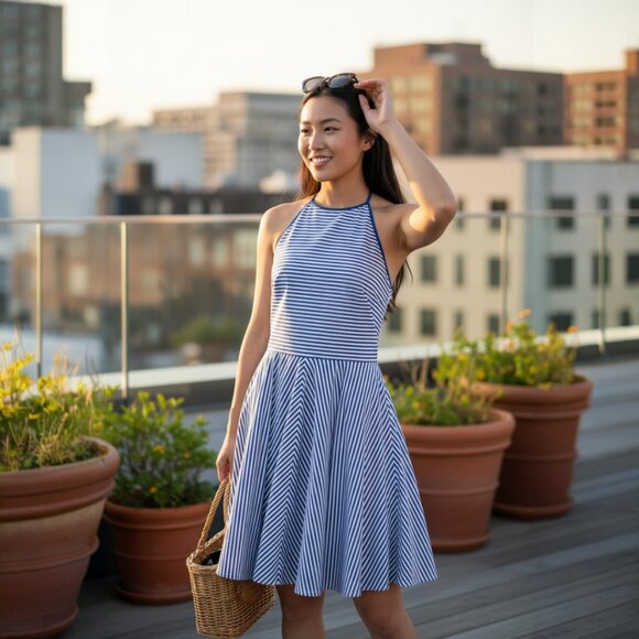 DESIGNER MICHAEL KORS COLLECTION BLUE/WHITE STRIPED A LINE HALTER TOP DRESS 8.R - Picture 3 of 13